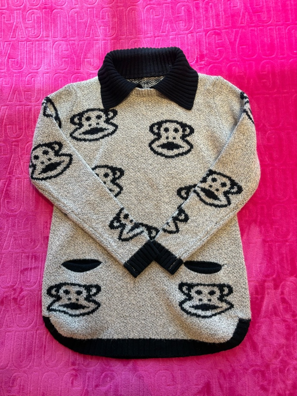 Y2K Paul Frank Julius Monkey Knit Sweater Tunic Grey Black Collared Pullover